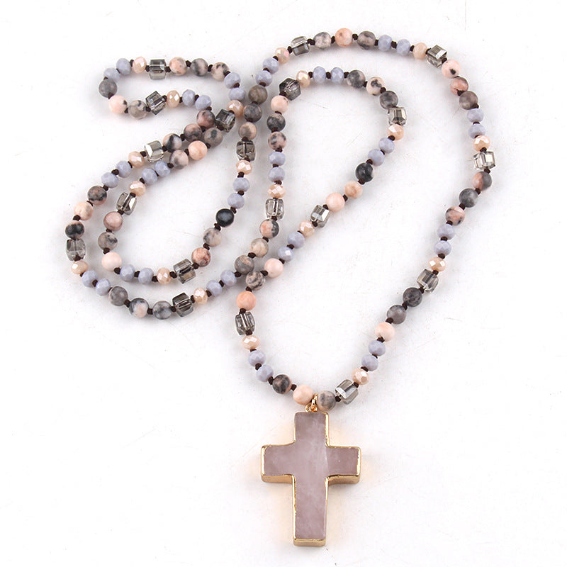 Boho Natural Stone Cross Necklace for Women | Long Sweater Chain | Bohemian Layered Pendant Jewelry Gift