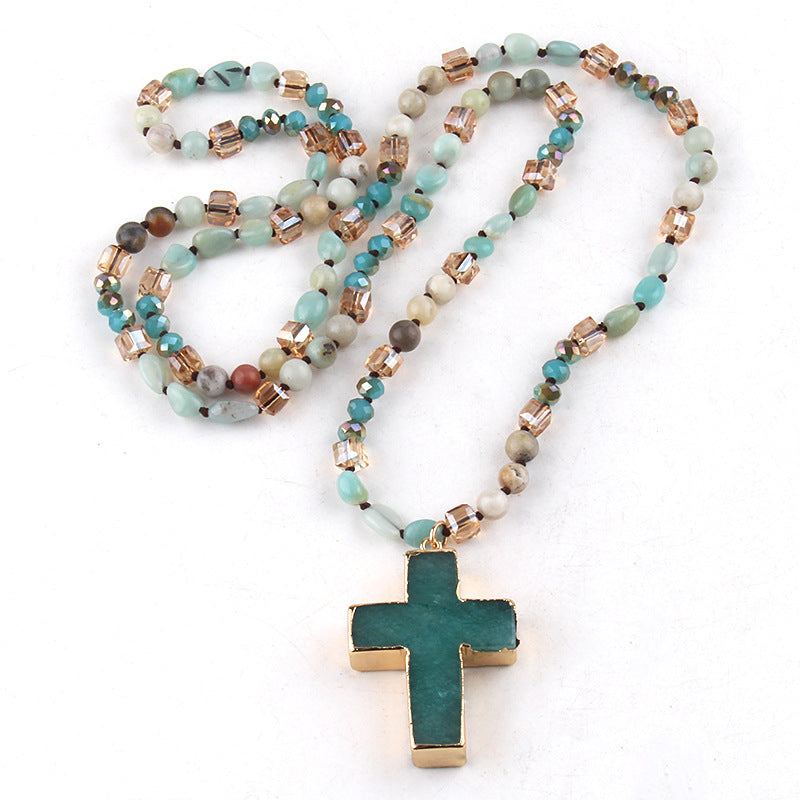 Boho Natural Stone Cross Necklace for Women | Long Sweater Chain | Bohemian Layered Pendant Jewelry Gift