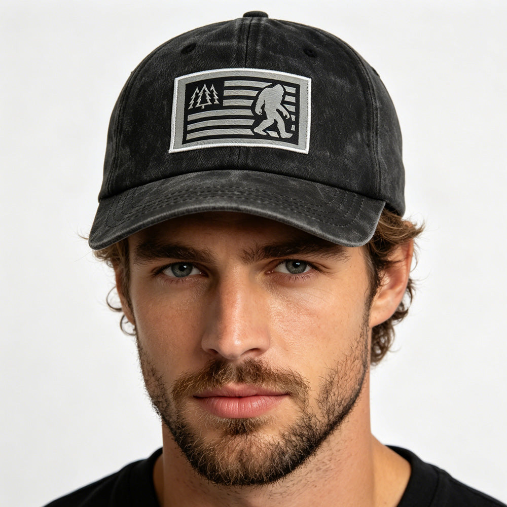Bigfoot Sasquatch American Flag Baseball Cap | Vintage Washed Dad Hat | Funny Outdoor Trucker Hat Gift for Men & Women