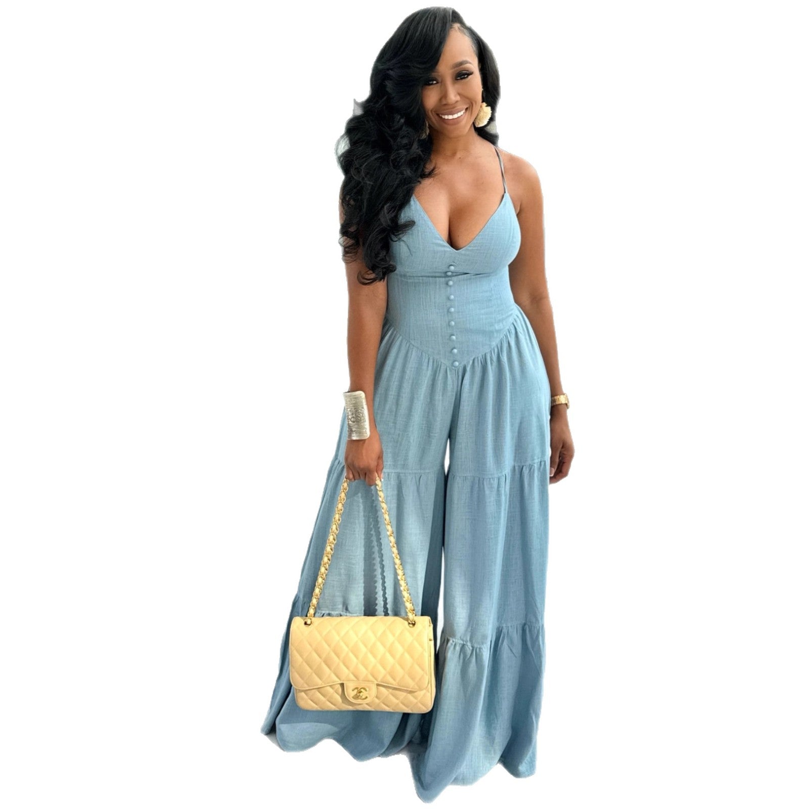 Deep V-Neck Open Back Jumpsuit for Women | High Waist Straight Leg Romper | Sexy Street Fashion Outfit