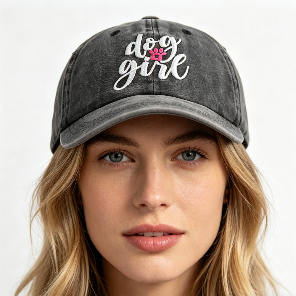 Dog Girl Embroidered Baseball Cap | Vintage Washed Cotton Hat for Dog Moms | Cute Dog Lover Gift