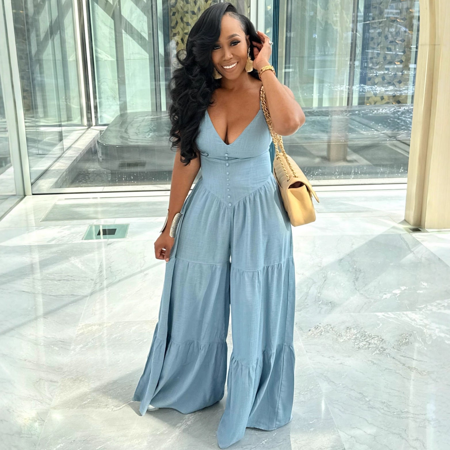 Deep V-Neck Open Back Jumpsuit for Women | High Waist Straight Leg Romper | Sexy Street Fashion Outfit