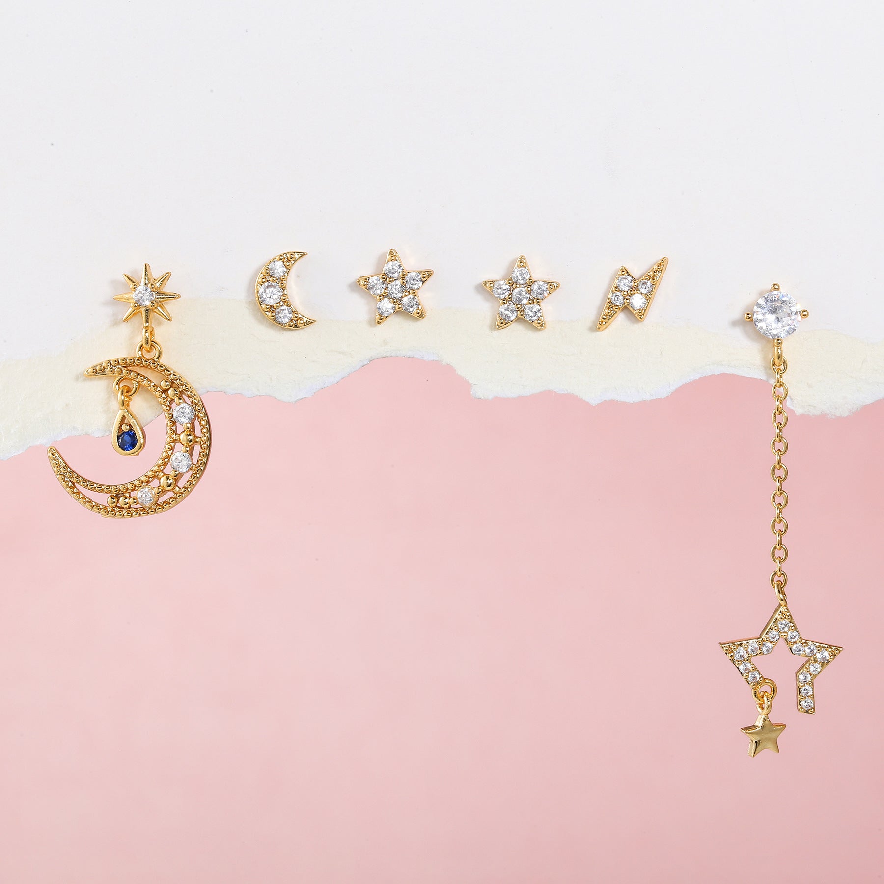 Moon & Star Earring Set for Women | 6-Piece Korean Celestial Jewelry Set | Trendy Brass Stud Earrings Gift
