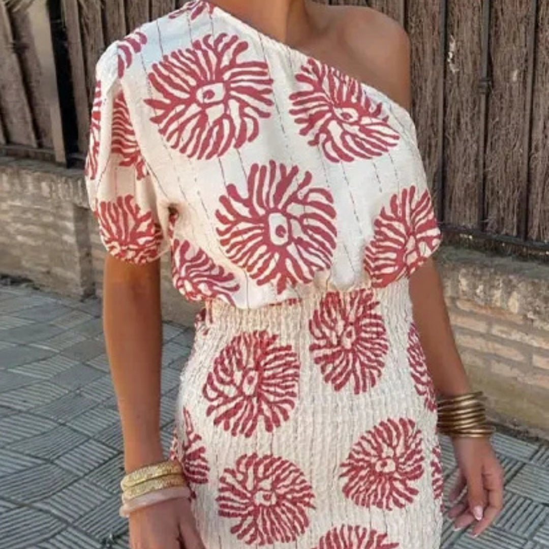 Off-Shoulder Printed Mini Dress for Women | High Waist A-Line Summer Dress | Asymmetric Sleeve Cocktail Party Dress