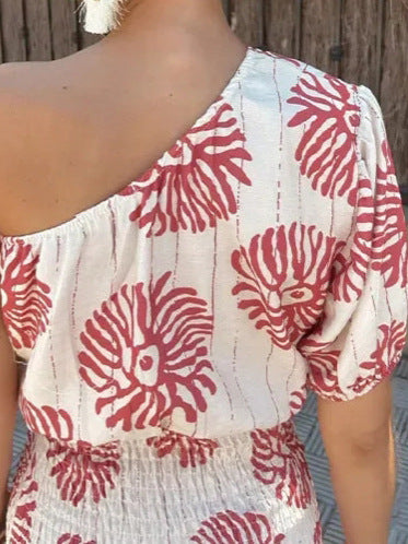 Off-Shoulder Printed Mini Dress for Women | High Waist A-Line Summer Dress | Asymmetric Sleeve Cocktail Party Dress