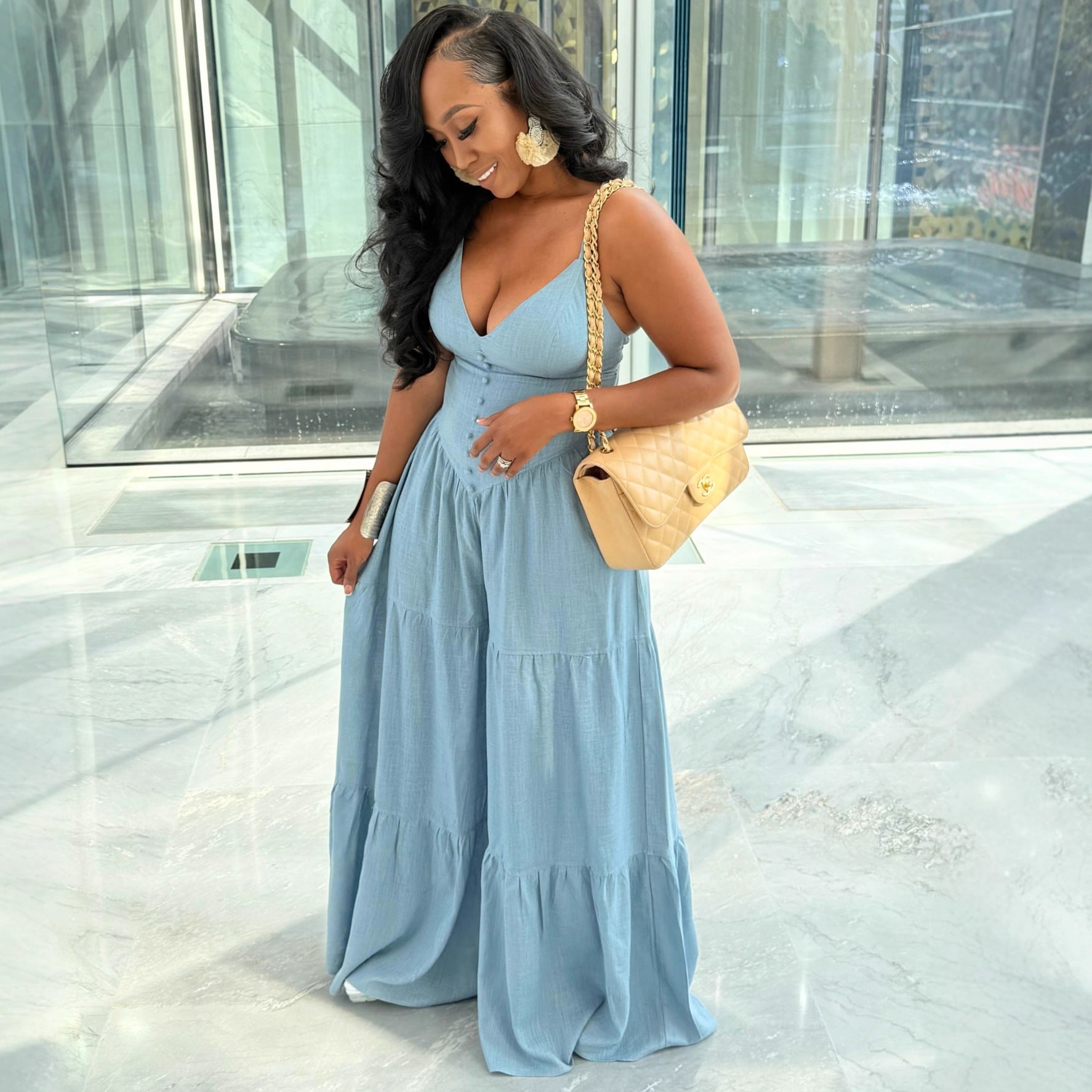 Deep V-Neck Open Back Jumpsuit for Women | High Waist Straight Leg Romper | Sexy Street Fashion Outfit