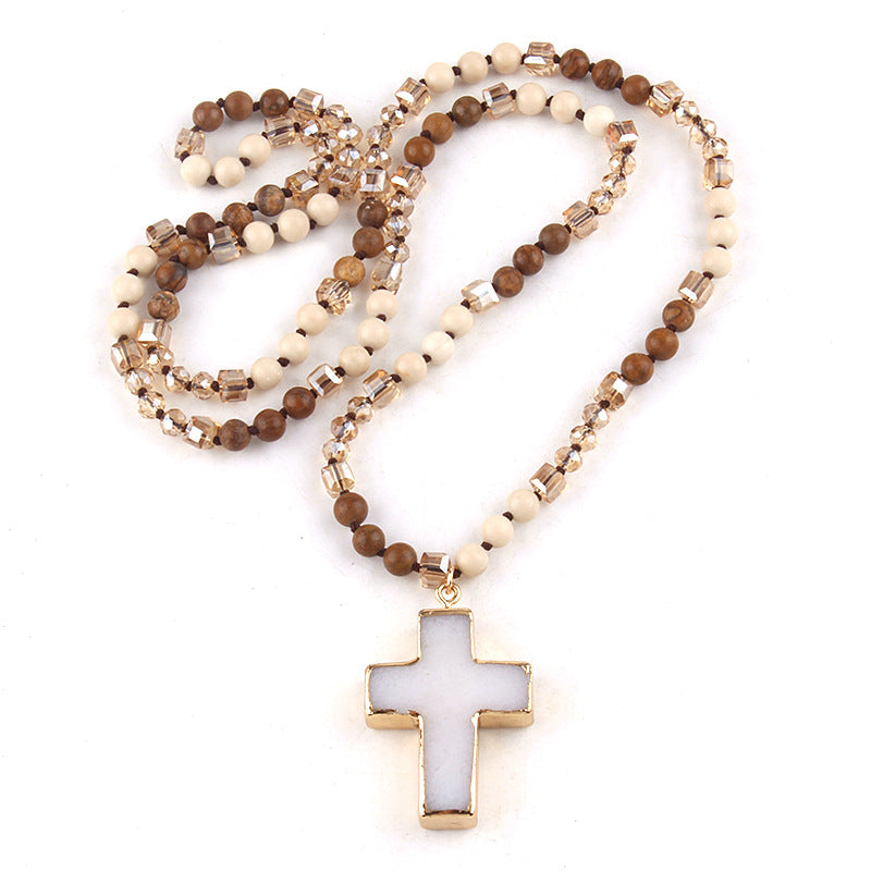 Boho Natural Stone Cross Necklace for Women | Long Sweater Chain | Bohemian Layered Pendant Jewelry Gift