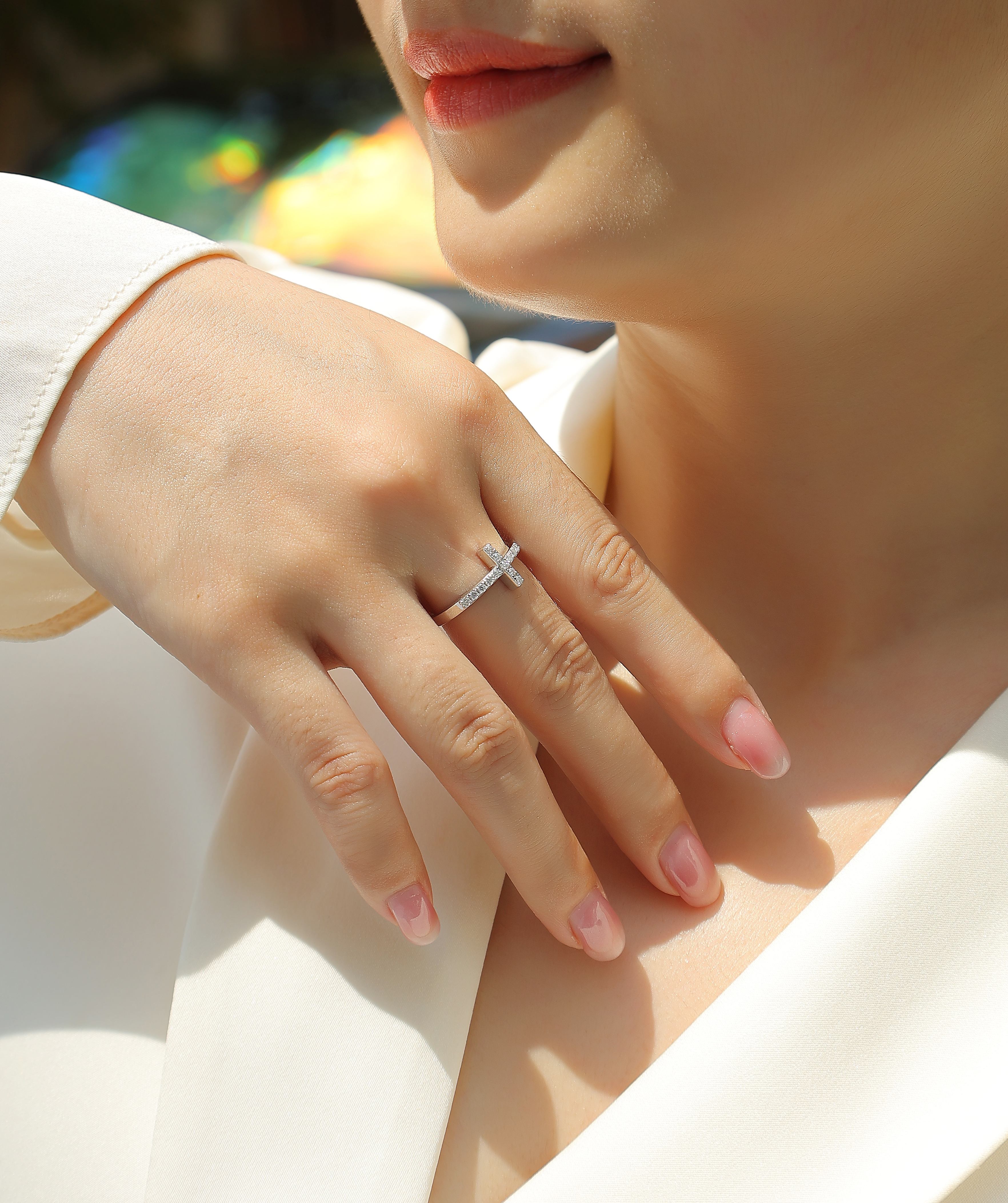 Holy Cross Moissanite Ring | Platinum Plated S925 Sterling Silver | Luxury Christian Faith Jewelry Gift for Women