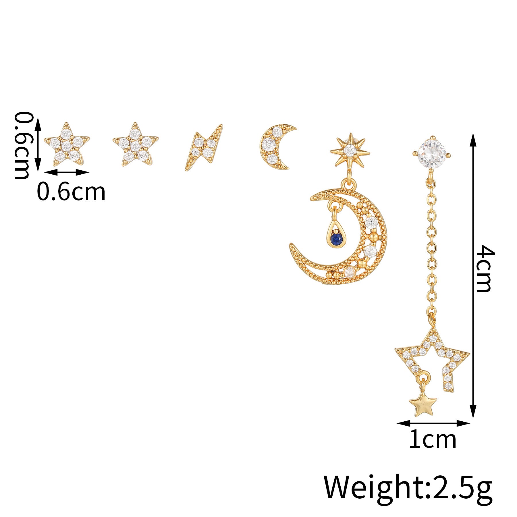 Moon & Star Earring Set for Women | 6-Piece Korean Celestial Jewelry Set | Trendy Brass Stud Earrings Gift