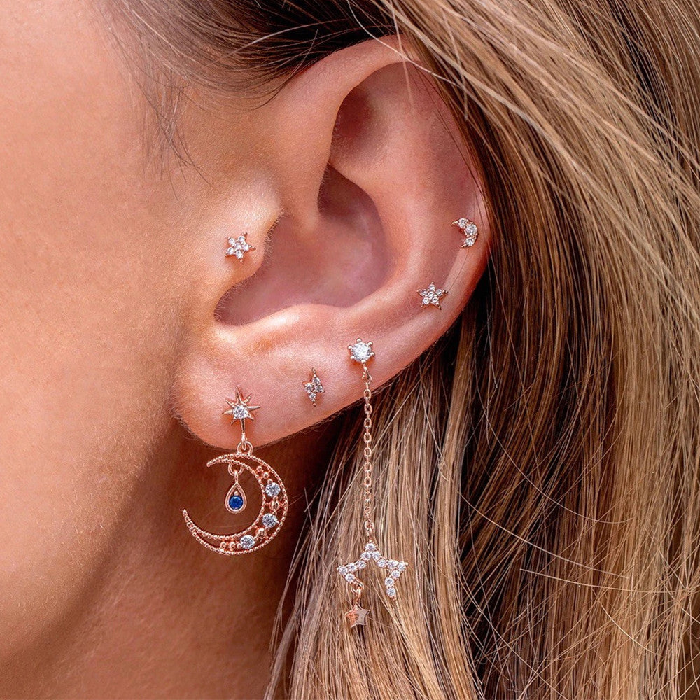Moon & Star Earring Set for Women | 6-Piece Korean Celestial Jewelry Set | Trendy Brass Stud Earrings Gift