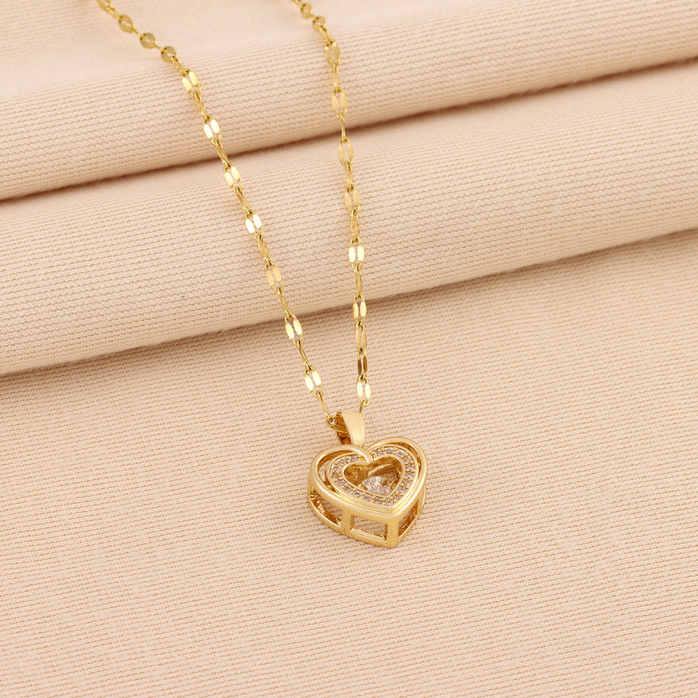 Double-Layer Heart Necklace with Rhinestones | Women's Titanium Steel Pendant