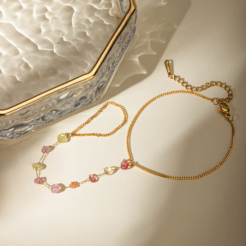 18K Gold Stainless Steel Stone Chain Ring for Women | Geometric Stackable Band | Trendy Travel Jewelry Gift