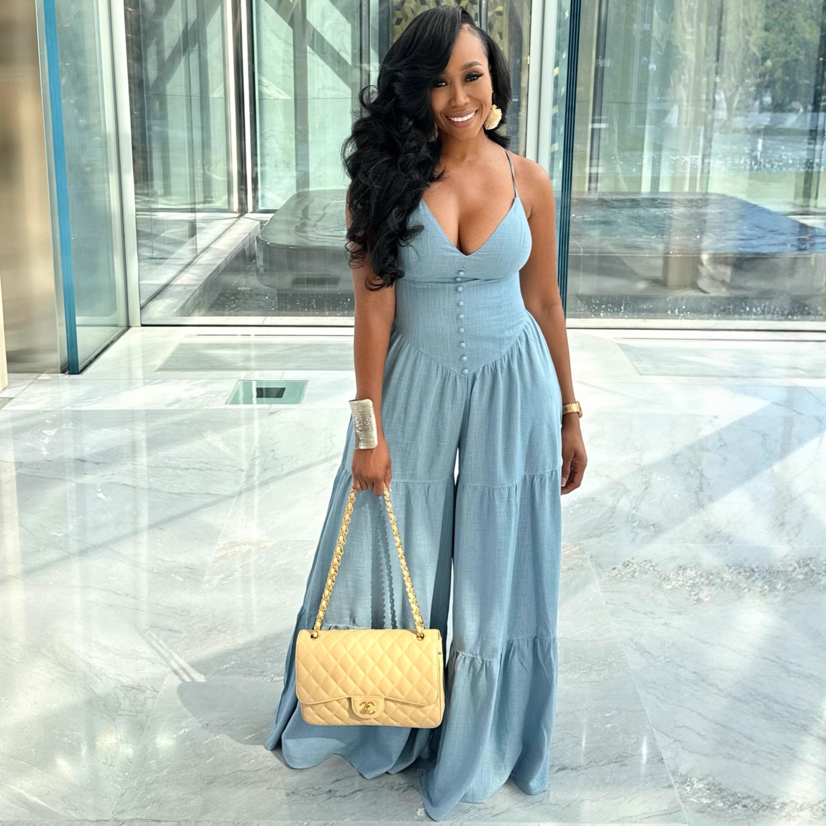 Deep V-Neck Open Back Jumpsuit for Women | High Waist Straight Leg Romper | Sexy Street Fashion Outfit