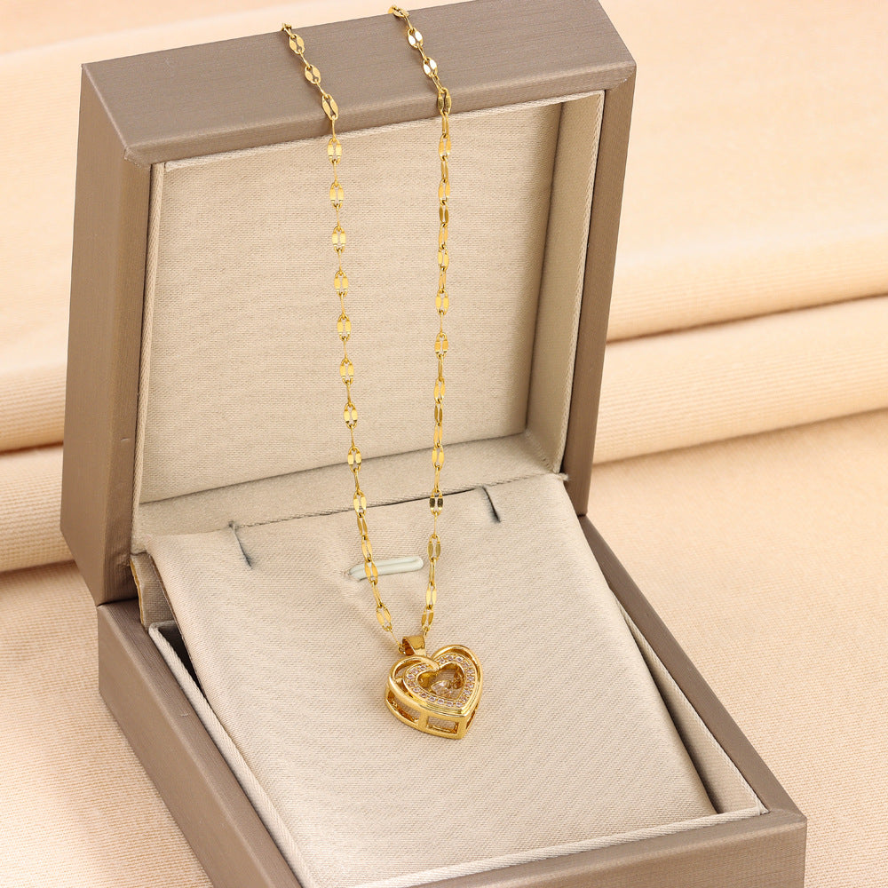 Double-Layer Heart Necklace with Rhinestones | Women's Titanium Steel Pendant