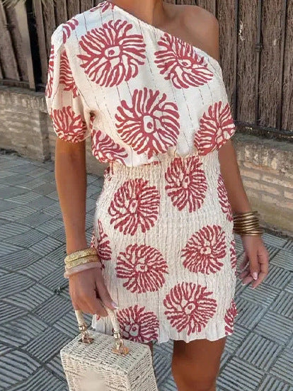 Off-Shoulder Printed Mini Dress for Women | High Waist A-Line Summer Dress | Asymmetric Sleeve Cocktail Party Dress