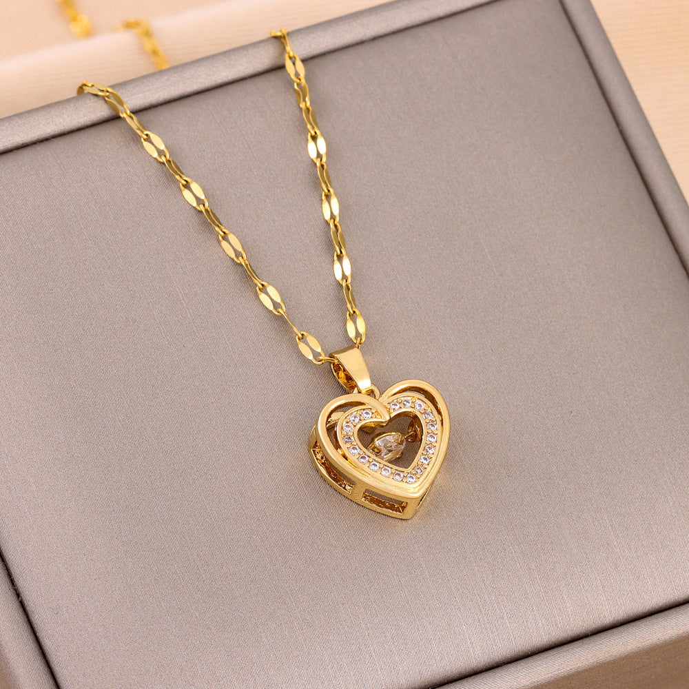 Double-Layer Heart Necklace with Rhinestones | Women's Titanium Steel Pendant
