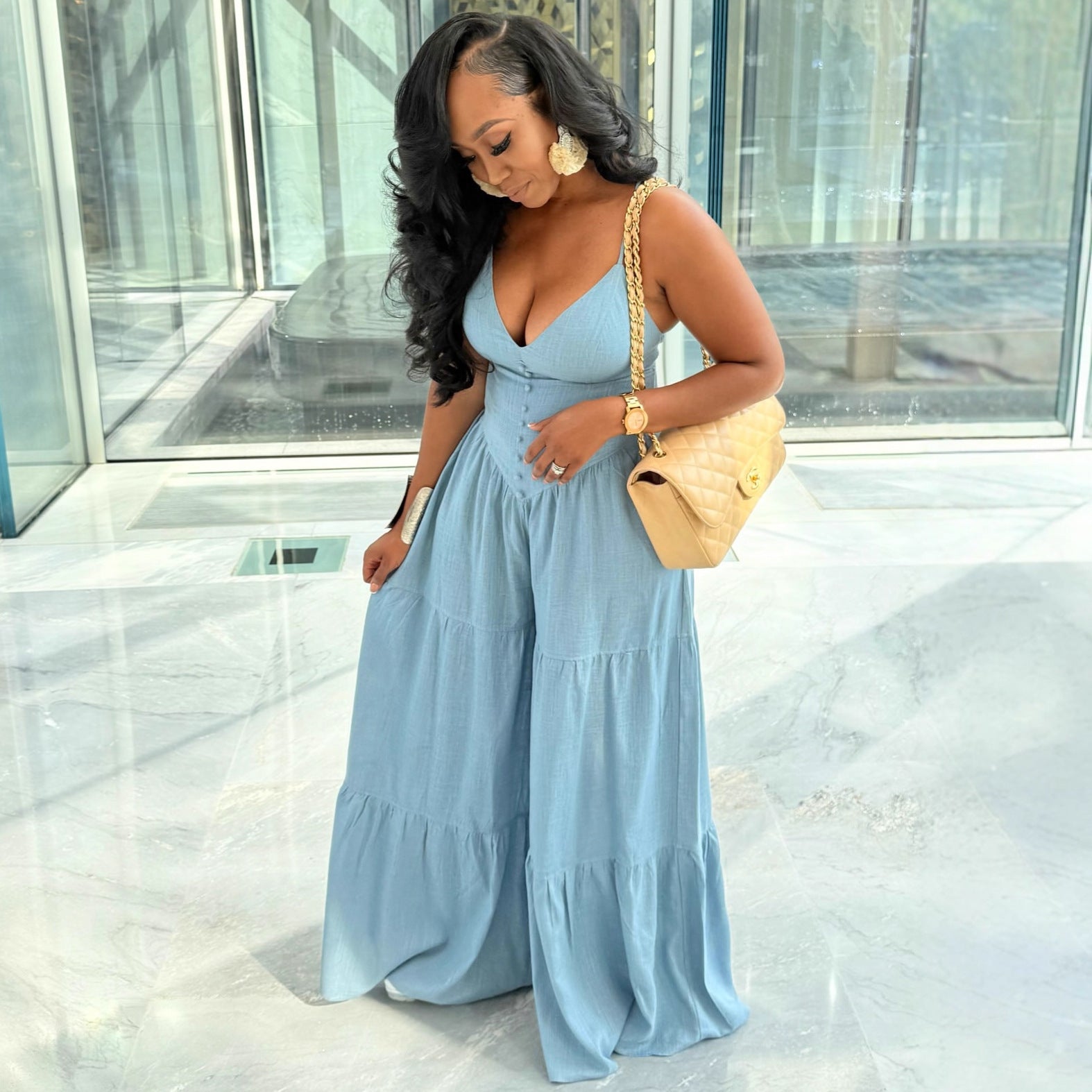 Deep V-Neck Open Back Jumpsuit for Women | High Waist Straight Leg Romper | Sexy Street Fashion Outfit