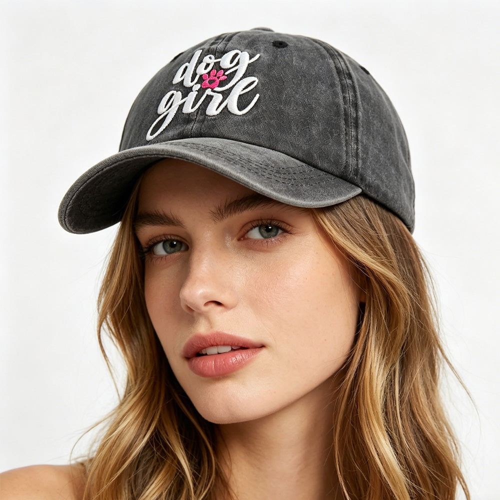 Dog Girl Embroidered Baseball Cap | Vintage Washed Cotton Hat for Dog Moms | Cute Dog Lover Gift