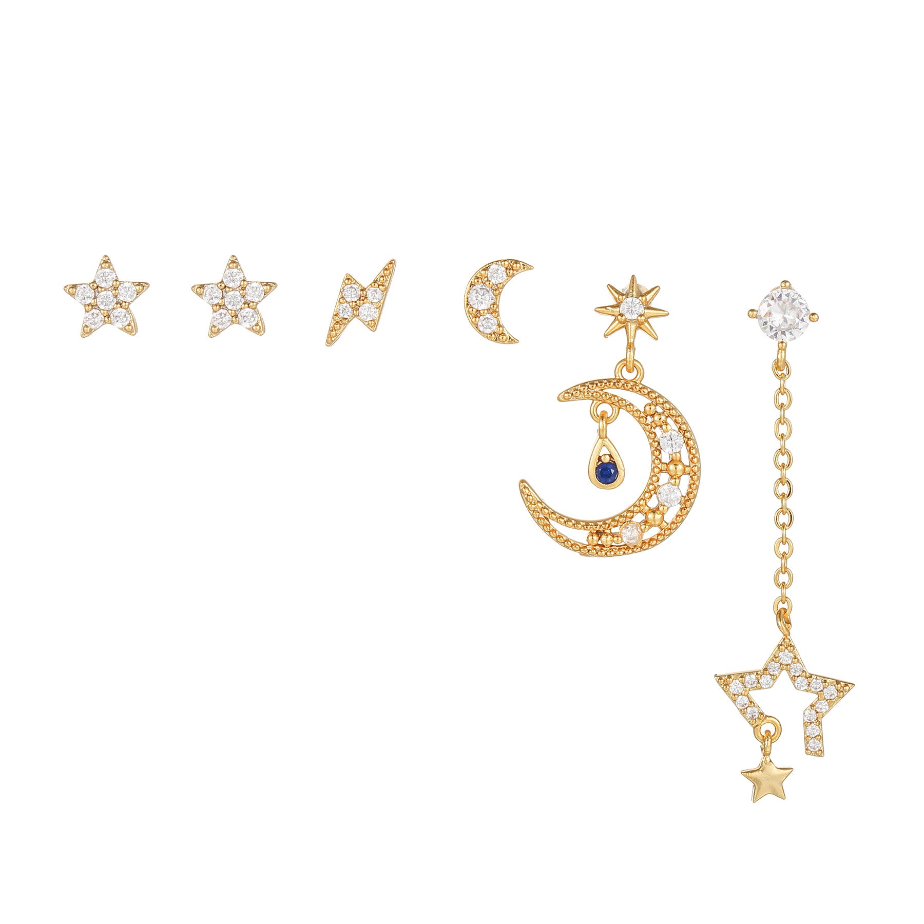 Moon & Star Earring Set for Women | 6-Piece Korean Celestial Jewelry Set | Trendy Brass Stud Earrings Gift