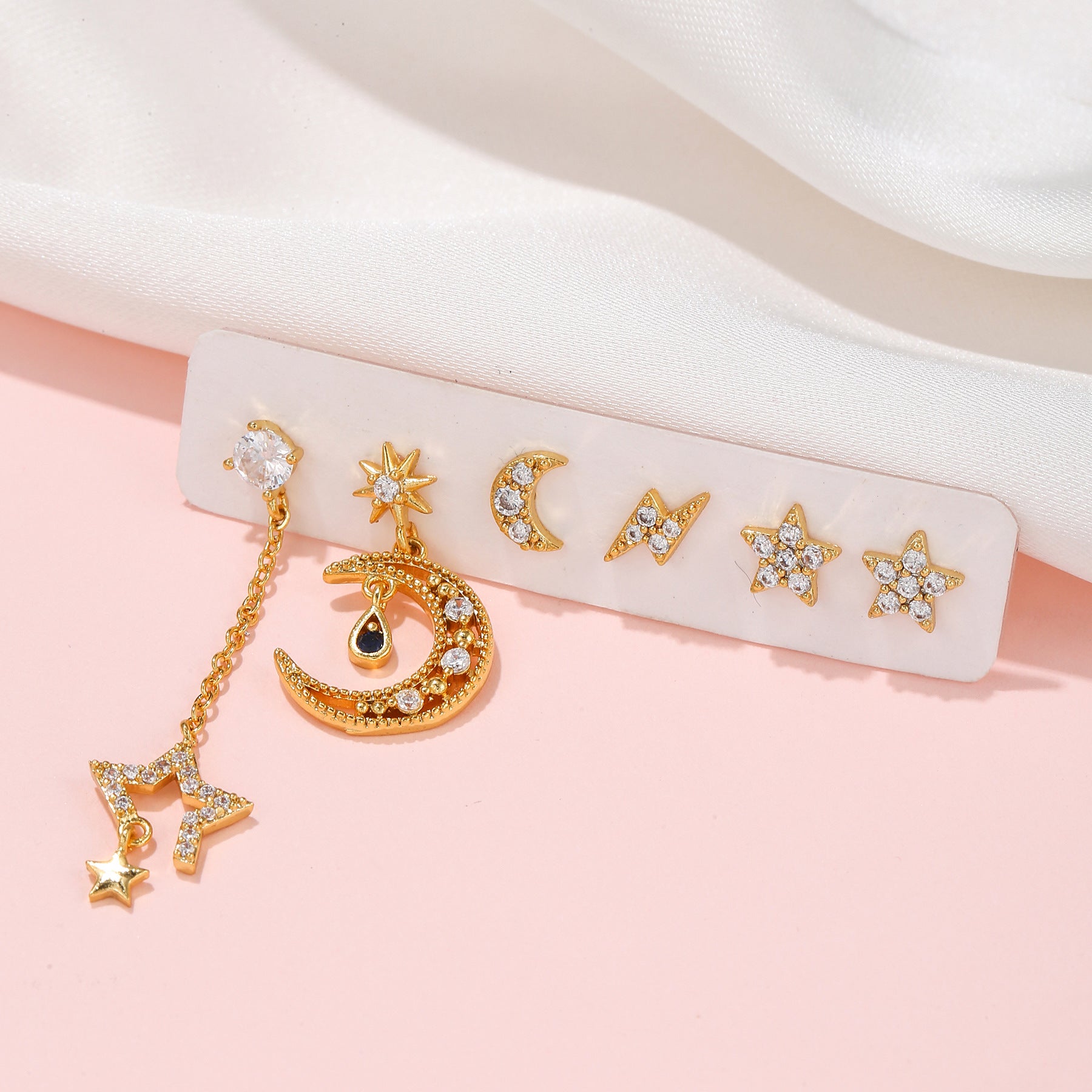 Moon & Star Earring Set for Women | 6-Piece Korean Celestial Jewelry Set | Trendy Brass Stud Earrings Gift