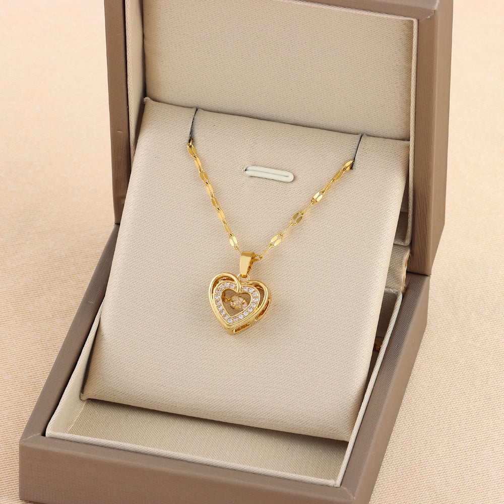 Double-Layer Heart Necklace with Rhinestones | Women's Titanium Steel Pendant